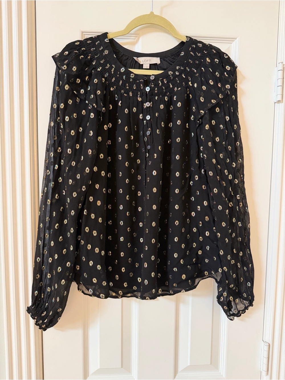 LOFT Black Blouse with Cream Floral Dot Print and Ruffle Yoke